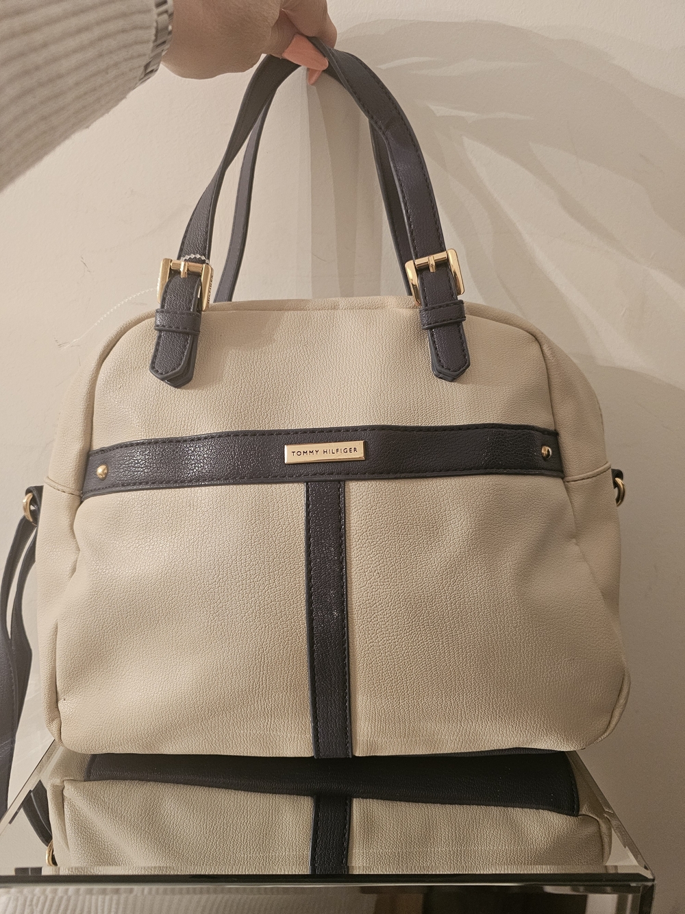 Tommy Hilfiger Beige and Navy Leather Satchel